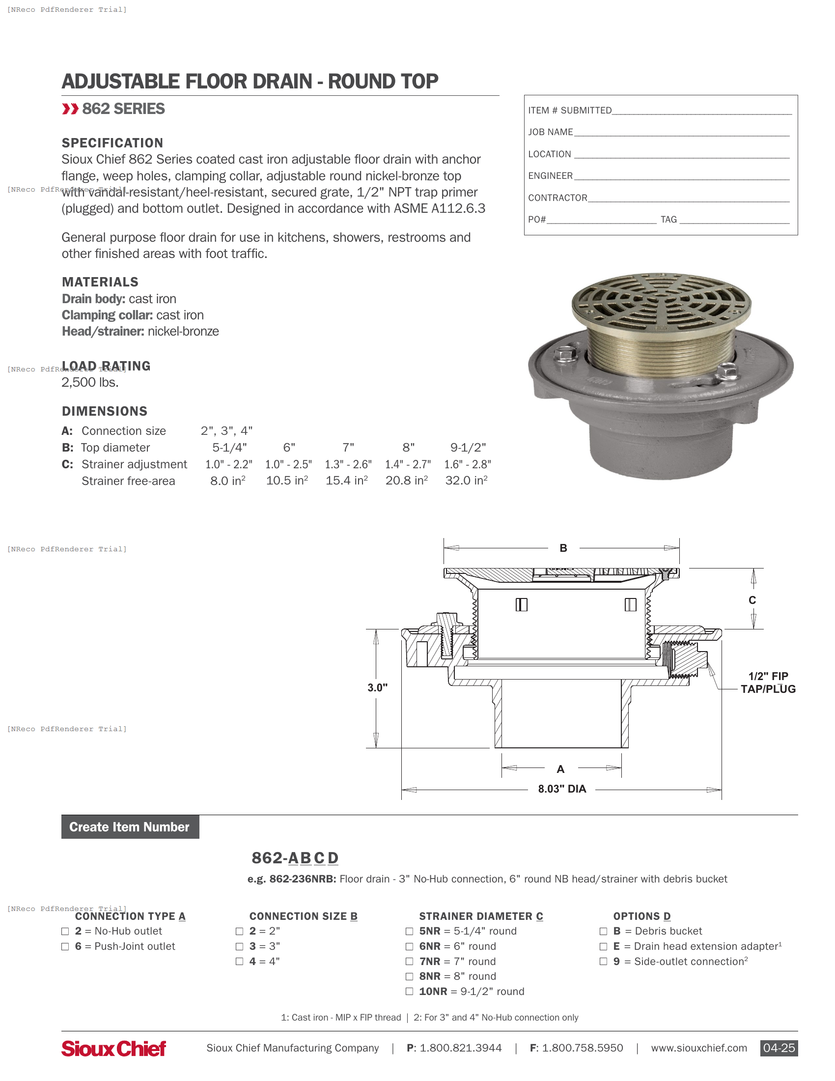 862 SERIES - ADJUSTABLE FLOOR DRAIN WITH ROUND NB TOP - SPEC SHEET.PDF Specification Document